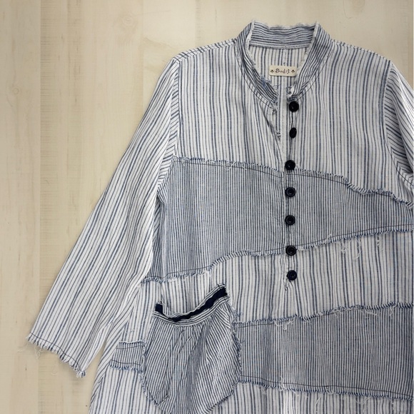 BODIL striped patchwork pocket tunic top blouse lagenlook linen blue XL art work - Picture 2 of 9
